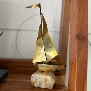 Signed MCM brass Gold Sailboat Sculpture on stone rock